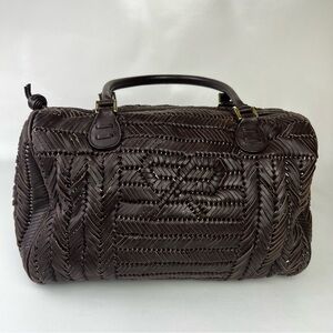 Anya Hindmarch London Brown Neeson Woven Leather Boston Barrel Shoulder Bag